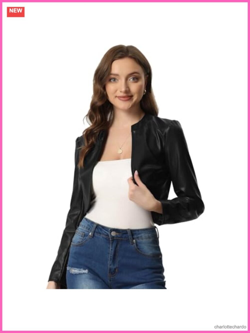 Faux Leather Jacket Open Front Long Sleeve PU Cropped